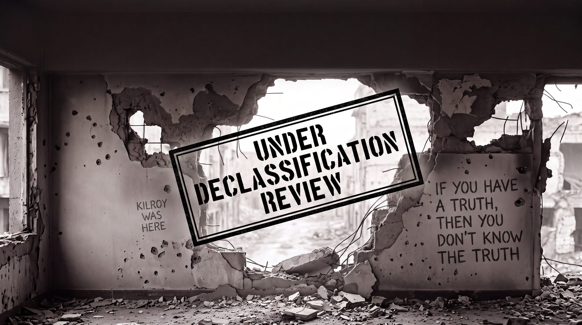 Bombed-out room, walls marked "Kilroy was here" and "If you have a truth, then you don't know the truth", stamped Under Declassification Review